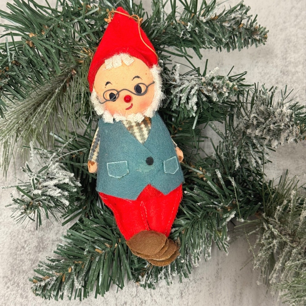 Vintage Felt Christmas Elf Ornament Red Hat Wire Glasses Plaid 6" Santa Gnome